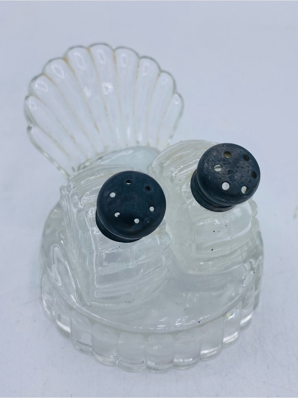 Vintage Clear Glass Shell Holder  Salt and Pepper Shakers with Black Metal Caps
